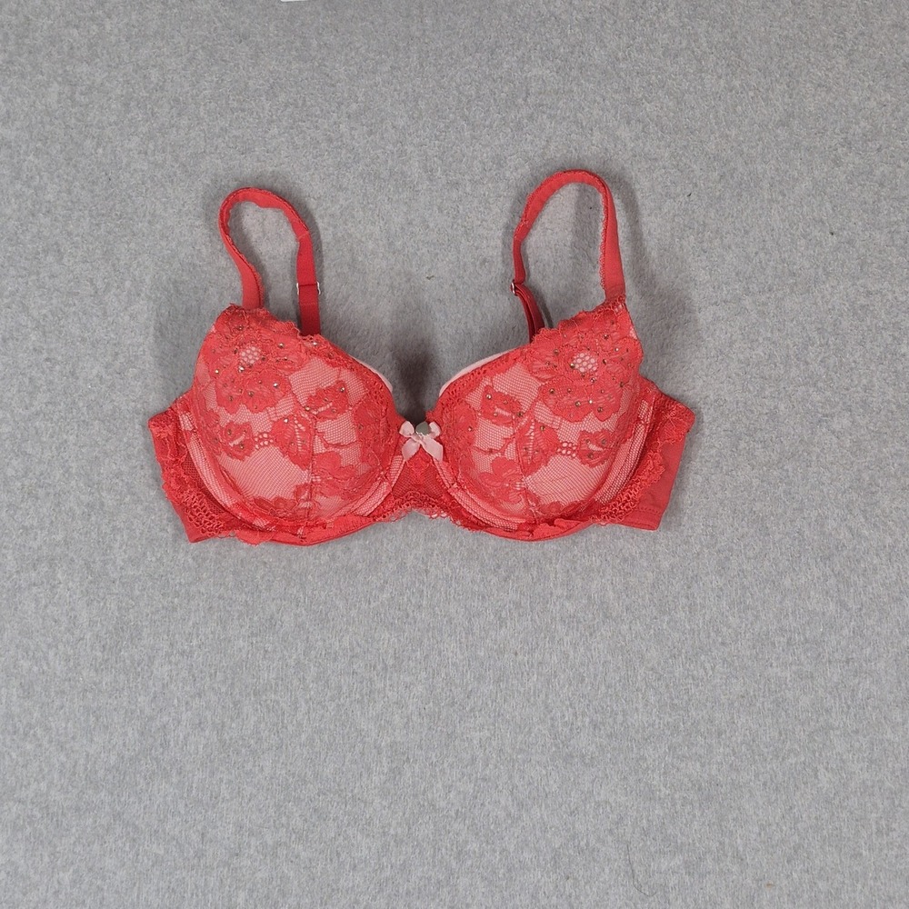 Victoria's Secret Women Bra 34D Red Floral Lined Demi Underwired Lace Bow